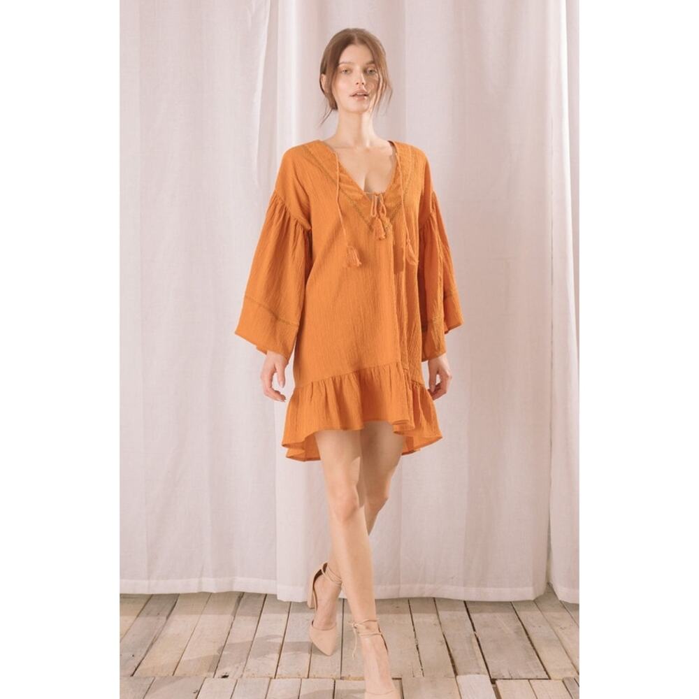 Storia Peasant Shift Dress Size Small Burnt Orange Tunic Shift Bell Sleeve New